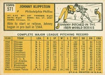 1963 Topps #571 Johnny Klippstein Back