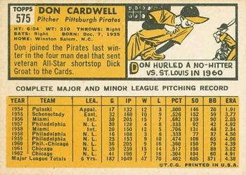 1963 Topps #575 Don Cardwell Back