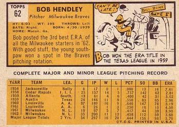 1963 Topps #62 Bob Hendley Back