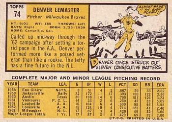 1963 Topps #74 Denver Lemaster Back