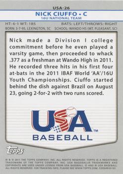 2011 Topps USA Baseball #USA-26 Nick Ciuffo Back