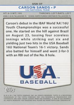 2011 Topps USA Baseball #USA-37 Carson Sands Back