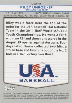 2011 Topps USA Baseball #USA-41 Riley Unroe Back