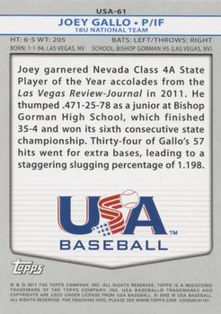 2011 Topps USA Baseball #USA-61 Joey Gallo Back
