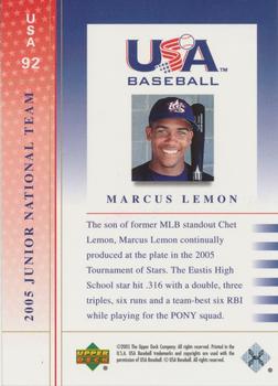 2005 Upper Deck USA Baseball Junior National Team #USA 92 Marcus Lemon Back