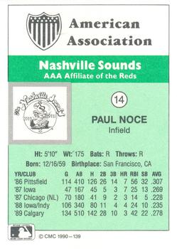1990 CMC Nashville Sounds #14 Paul Noce Back