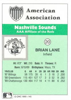1990 CMC Nashville Sounds #20 Brian Lane Back