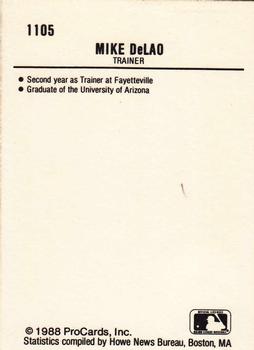 1988 ProCards #1105 Mike DeLao Back