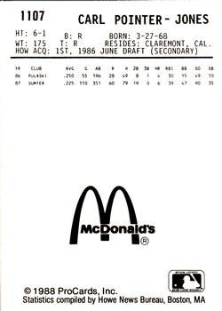 1988 ProCards #1107 Carl Jones-Pointer Back