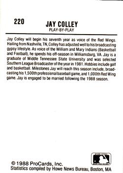 1988 ProCards #220 Jay Colley Back