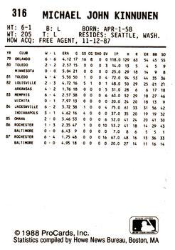 1988 ProCards #316 Mike Kinnunen Back