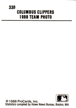 1988 ProCards #330 Columbus Clippers Team Photo Back