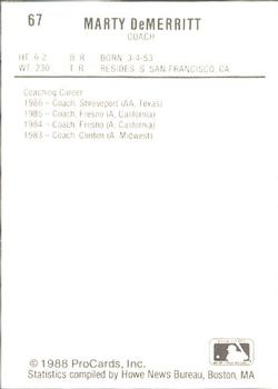 1988 ProCards #67 Marty DeMerritt Back