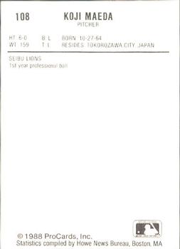 1988 ProCards #108 Koji Maeda Back