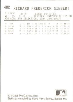 1988 ProCards #402 Rick Siebert Back
