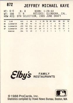 1988 ProCards #872 Jeff Kaye Back