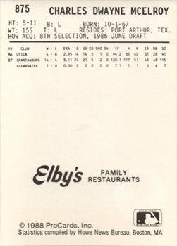 1988 ProCards #875 Chuck McElroy Back