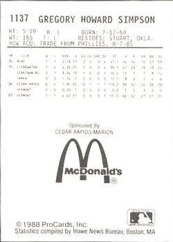 1988 ProCards #1137 Greg Simpson Back