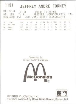 1988 ProCards #1151 Jeff Forney Back