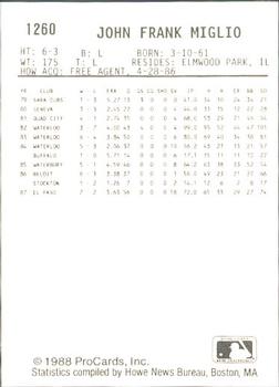1988 ProCards #1260 John Miglio Back