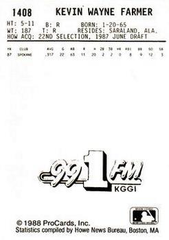 1988 ProCards #1408 Kevin Farmer Back