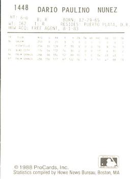 1988 ProCards #1448 Dario Nunez Back