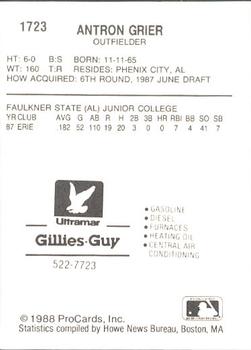 1988 ProCards #1723 Antron Grier Back