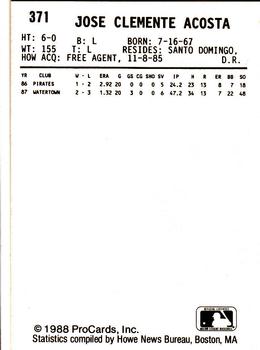 1988 ProCards #371 Jose Acosta Back