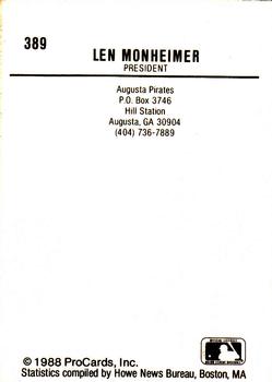 1988 ProCards #389 Len Monheimer Back