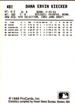 1988 ProCards #461 Dana Kiecker Back