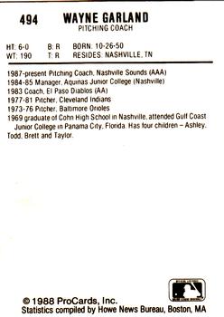 1988 ProCards #494 Wayne Garland Back