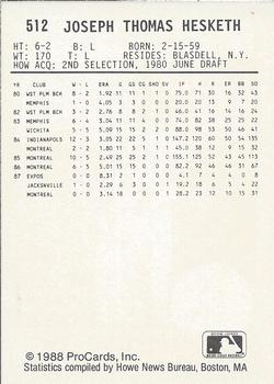 1988 ProCards #512 Joe Hesketh Back