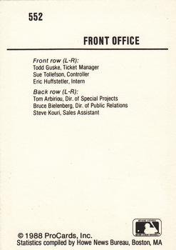 1988 ProCards #552 Iowa Cubs Front Office (Todd Guske / Sue Tollefson / Eric Huffstettler / Tom Arbiriou / Bruce Bielenberg / Steve Kouri) Back