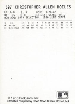 1988 ProCards #597 Chris Hoiles Back