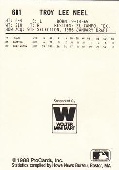 1988 ProCards #681 Troy Neel Back
