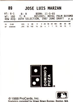 1988 ProCards #89 Jose Marzan Back