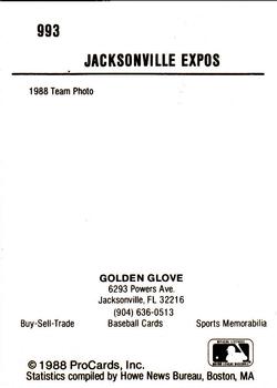 1988 ProCards #993 Jacksonville Expos Team Photo Back