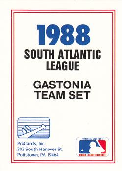1988 ProCards #NNO Gastonia Rangers Checklist Front
