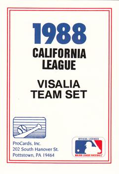 1988 ProCards #NNO Visalia Oaks Checklist Front
