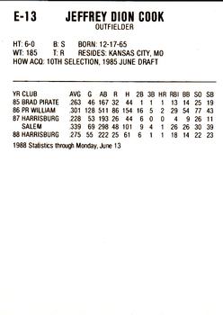 1988 ProCards Eastern League All-Stars #E-13 Jeff Cook Back