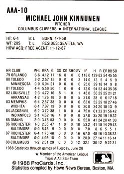 1988 ProCards Triple A All-Stars #10 Mike Kinnunen Back