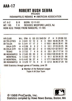 1988 ProCards Triple A All-Stars #17 Bob Sebra Back