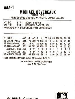 1988 ProCards Triple A All-Stars #1 Mike Devereaux Back