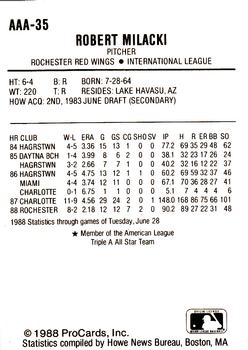 1988 ProCards Triple A All-Stars #35 Bob Milacki Back