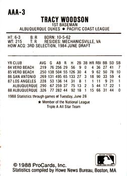 1988 ProCards Triple A All-Stars #3 Tracy Woodson Back