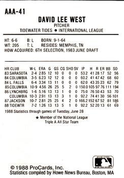 1988 ProCards Triple A All-Stars #41 David West Back