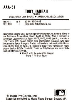 1988 ProCards Triple A All-Stars #51 Toby Harrah Back