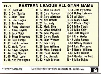 1990 ProCards Eastern League All-Stars #EL1 Checklist Back