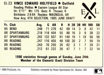 1990 ProCards Eastern League All-Stars #EL23 Vince Holyfield Back