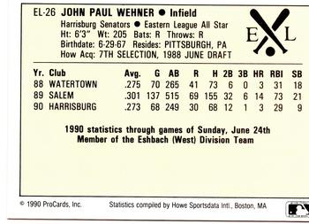 1990 ProCards Eastern League All-Stars #EL26 John Wehner Back
